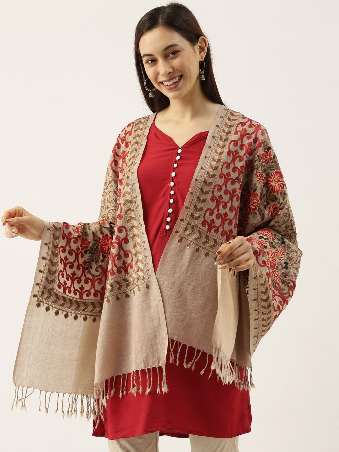 Pashmoda Women Beige & Red Embroidered Pure Wool Shawl Price in India