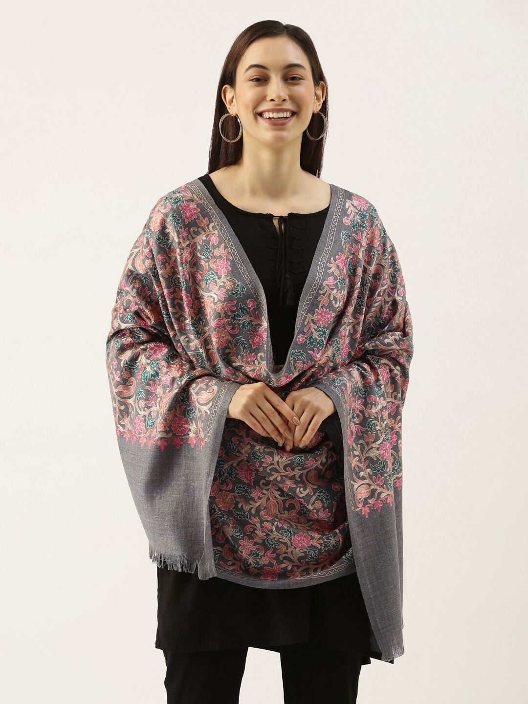 Pashmoda Women Grey & Pink Embroidered Pure Wool Shawl Price in India