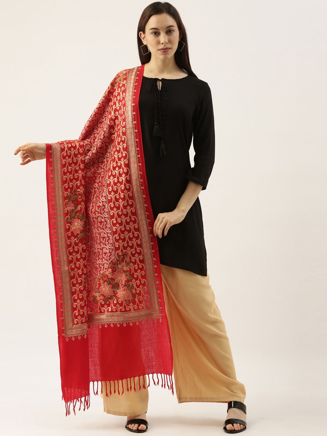 Pashmoda Women Red & Pink Embroidered Pure Wool Shawl Price in India