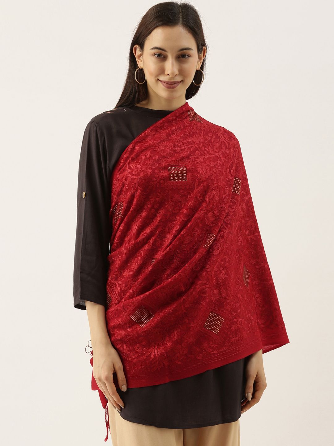 Pashmoda Women Maroon Embroidered Pure Wool Shawl Price in India