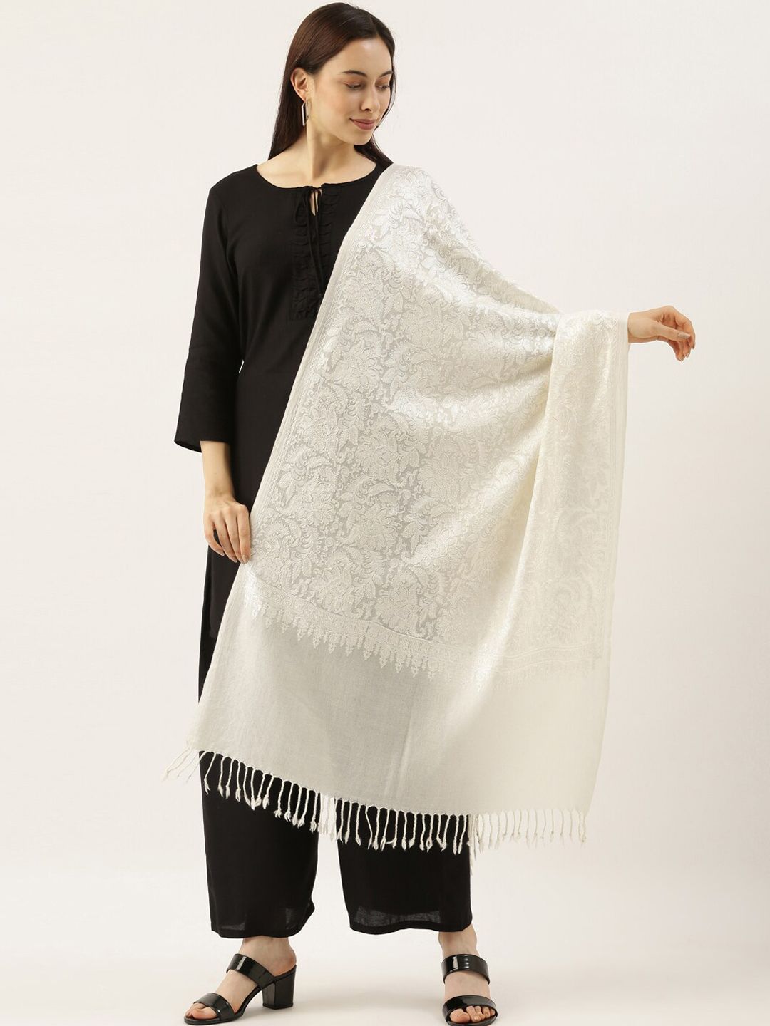 Pashmoda Women White Embroidered Pure Wool Shawl Price in India
