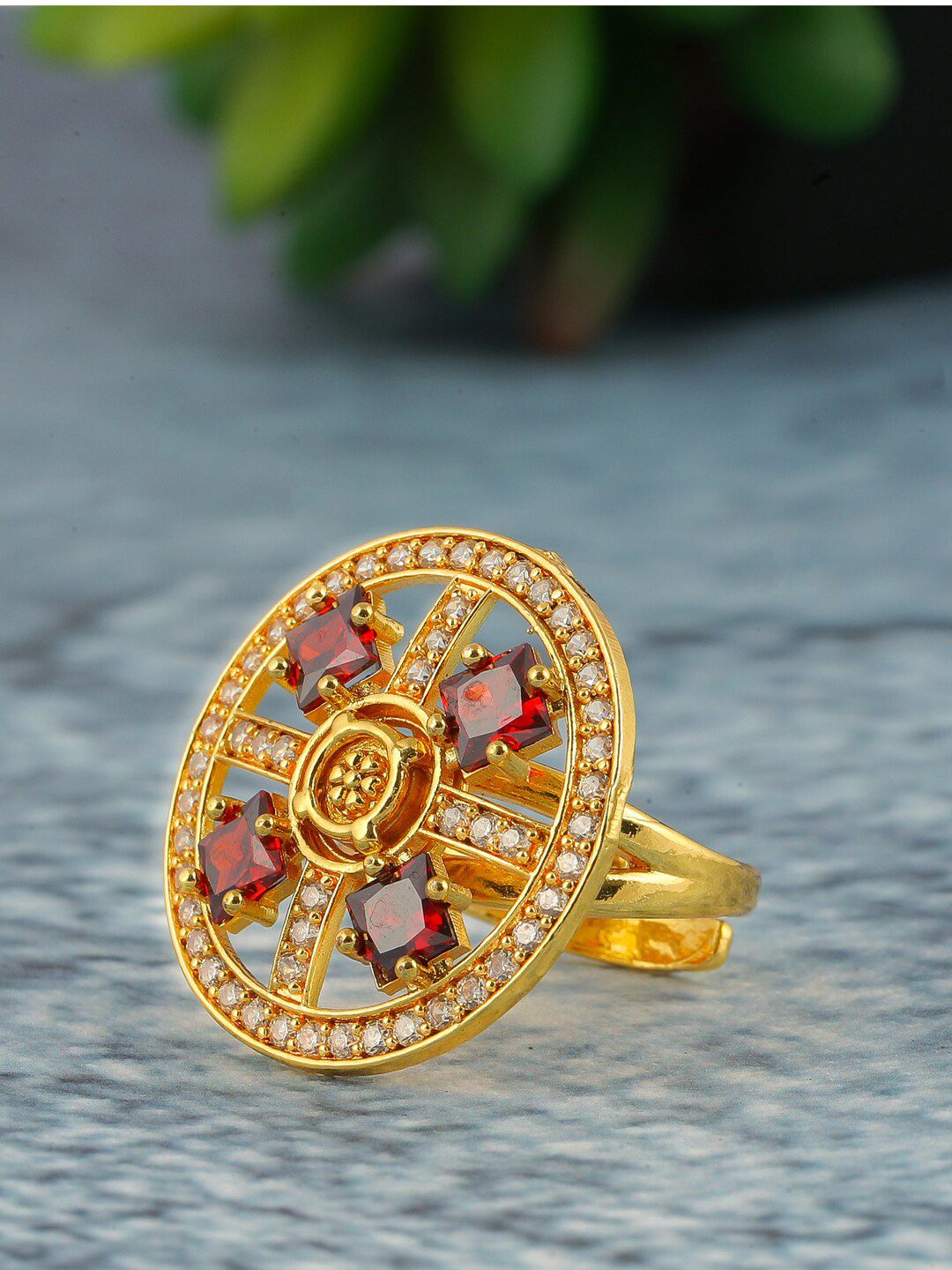 Brandsoon Brass-Plated Red Stone-Studded Adjustable Finger Ring Price in India