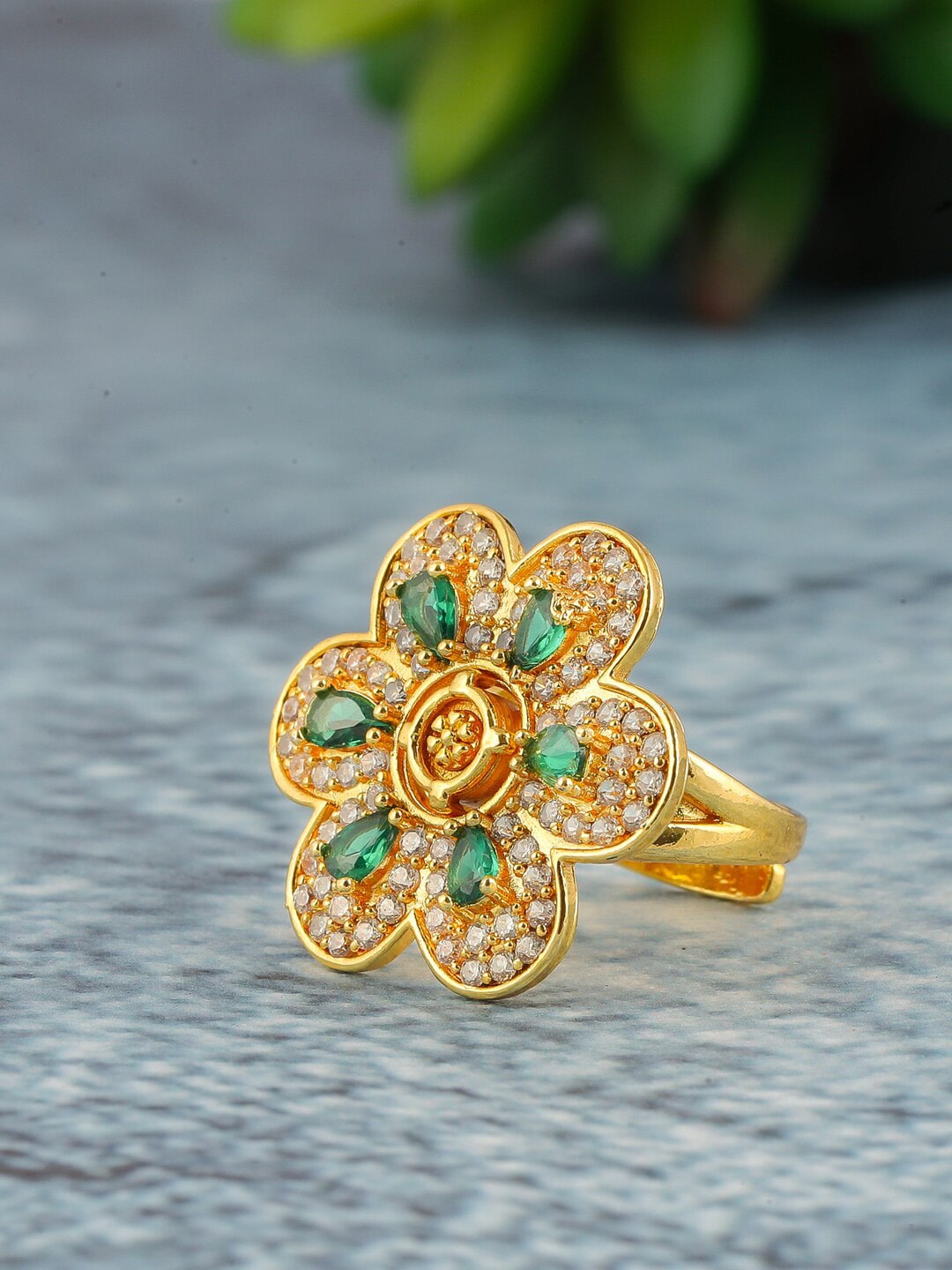 Brandsoon Brass-Plated Green Stone-Studded Handcrafted Adjustable Finger Ring Price in India