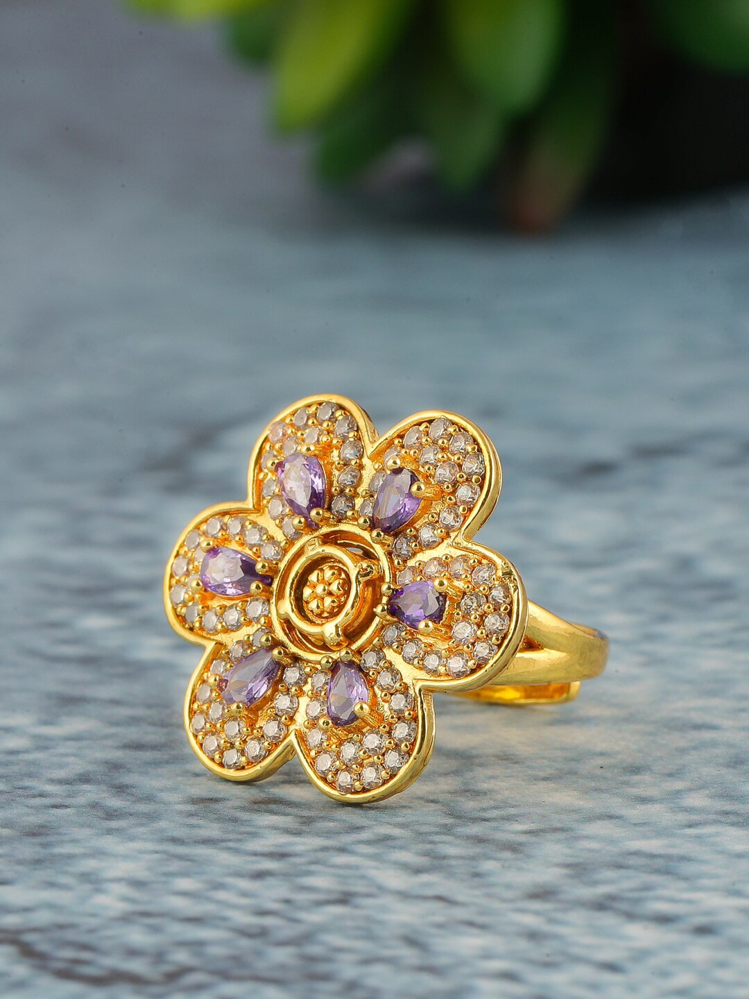 Brandsoon Brass-Plated Purple Stone-Studded Handcrafted Adjustable Finger Ring Price in India