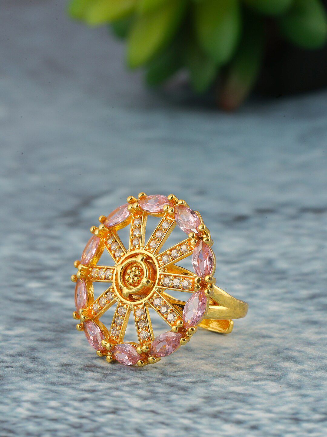 Brandsoon Brass-Plated Pink Stone-Studded Handcrafted Adjustable Finger Ring Price in India
