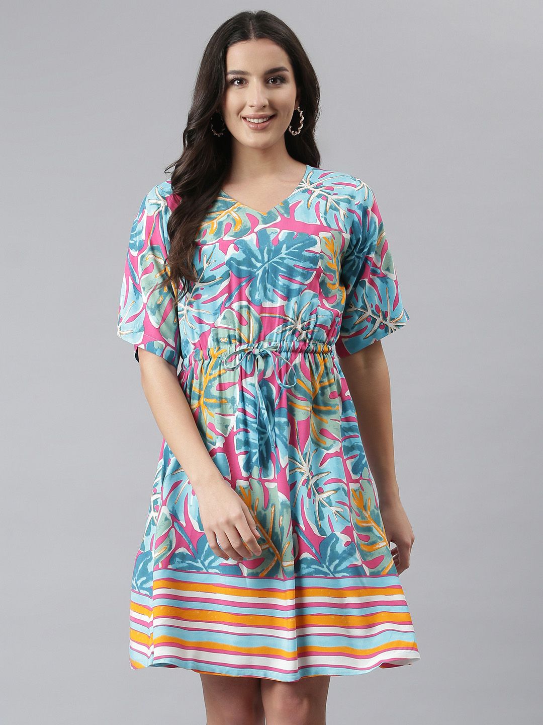 DEEBACO Turquoise Blue & Pink Tropical Print Cotton Dress Price in India