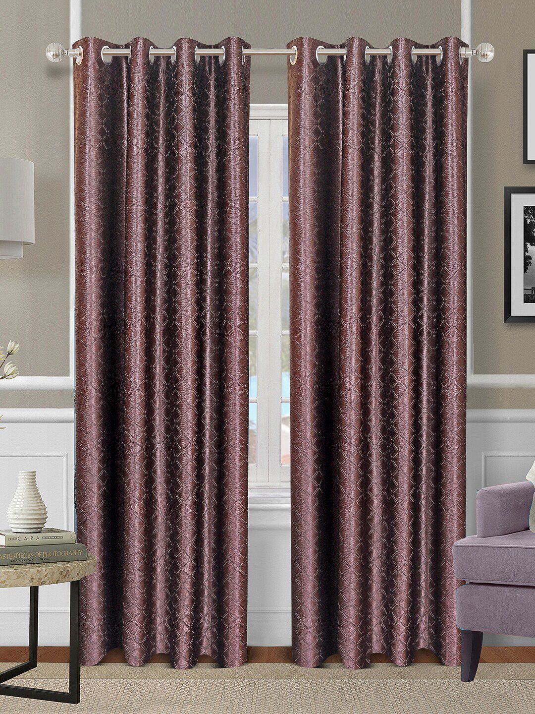 ROMEE Coffee Brown Set of 2 Geometric Room Darkening Door Curtains Price in India