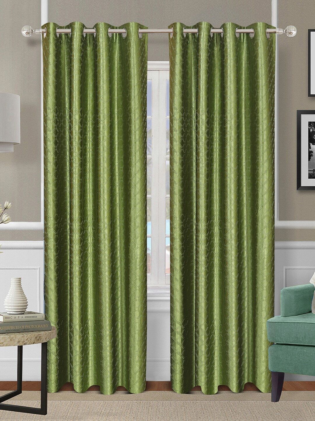 ROMEE Green Set of 2 Geometric Room Darkening Long Door Curtain Price in India