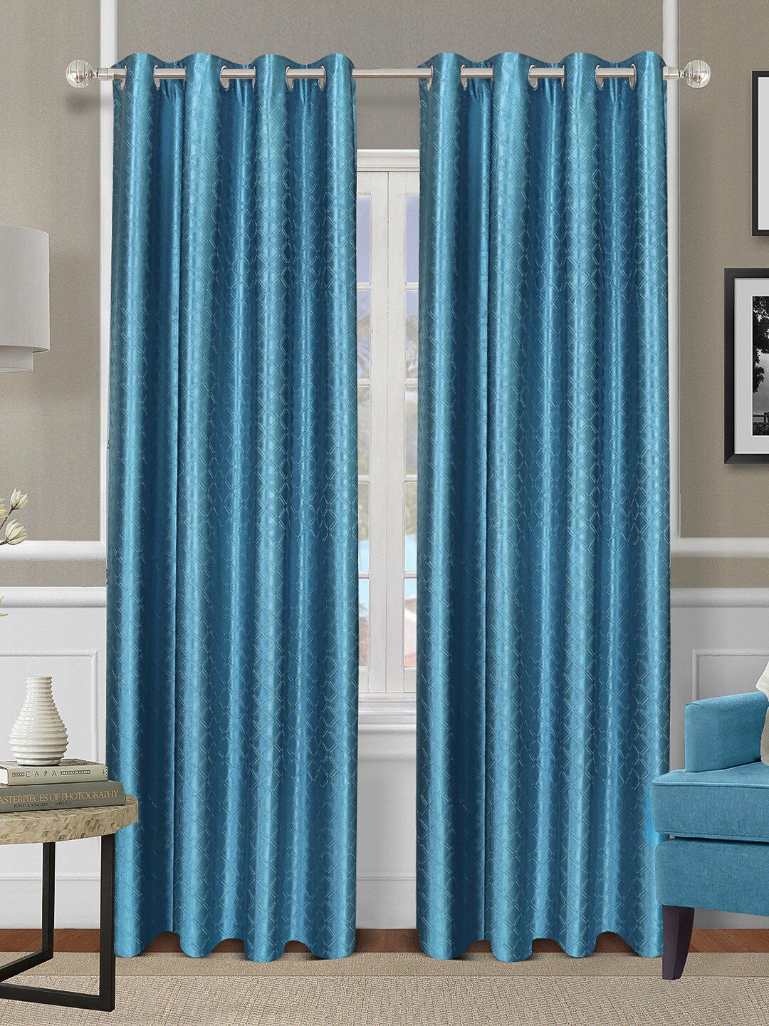 ROMEE Blue Set of 2 Geometric Room Darkening Door Curtains Price in India