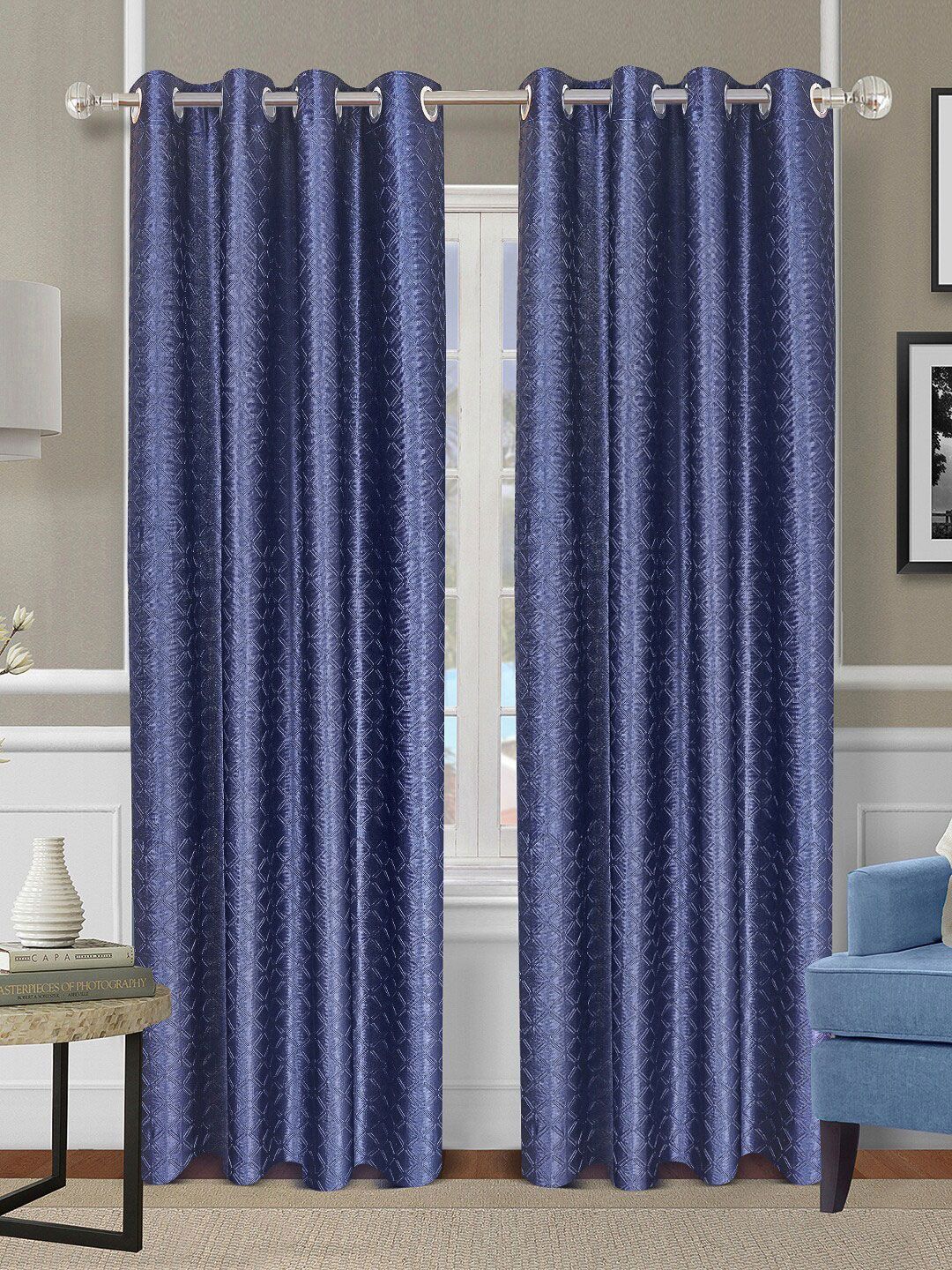 ROMEE Set Of 2 Blue Geometric Room Darkening Long Door Curtain Price in India