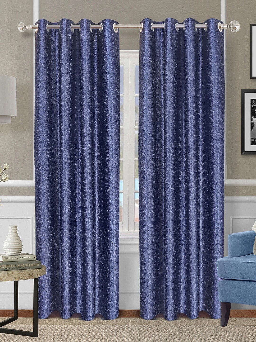 ROMEE Blue Set of 2 Geometric Room Darkening Door Curtain Price in India