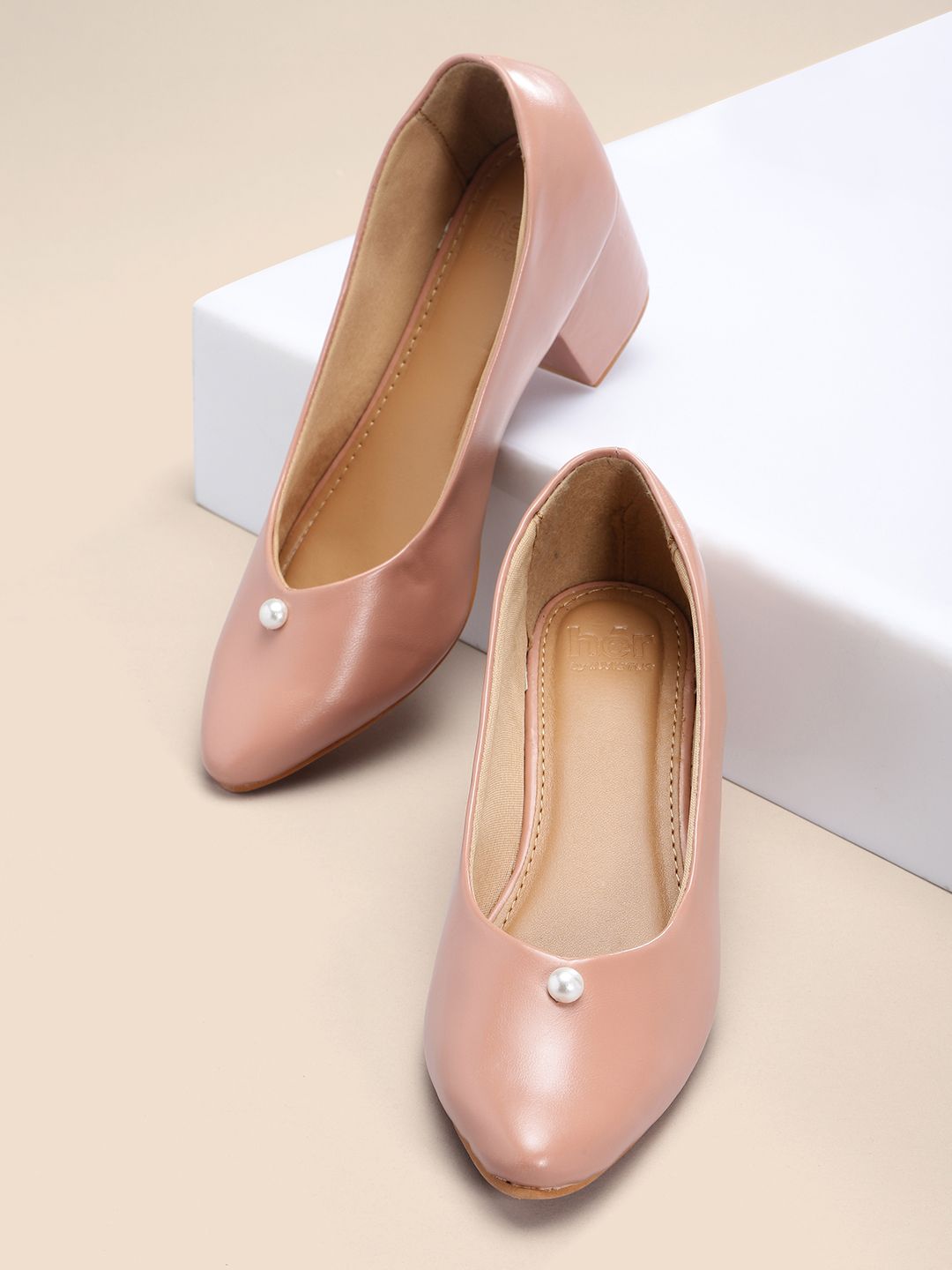 her by invictus Peach-Coloured Solid Block Pumps Price in India