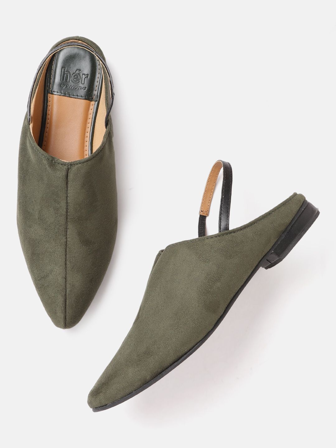 her by invictus Women Olive Green Solid Mules Price in India