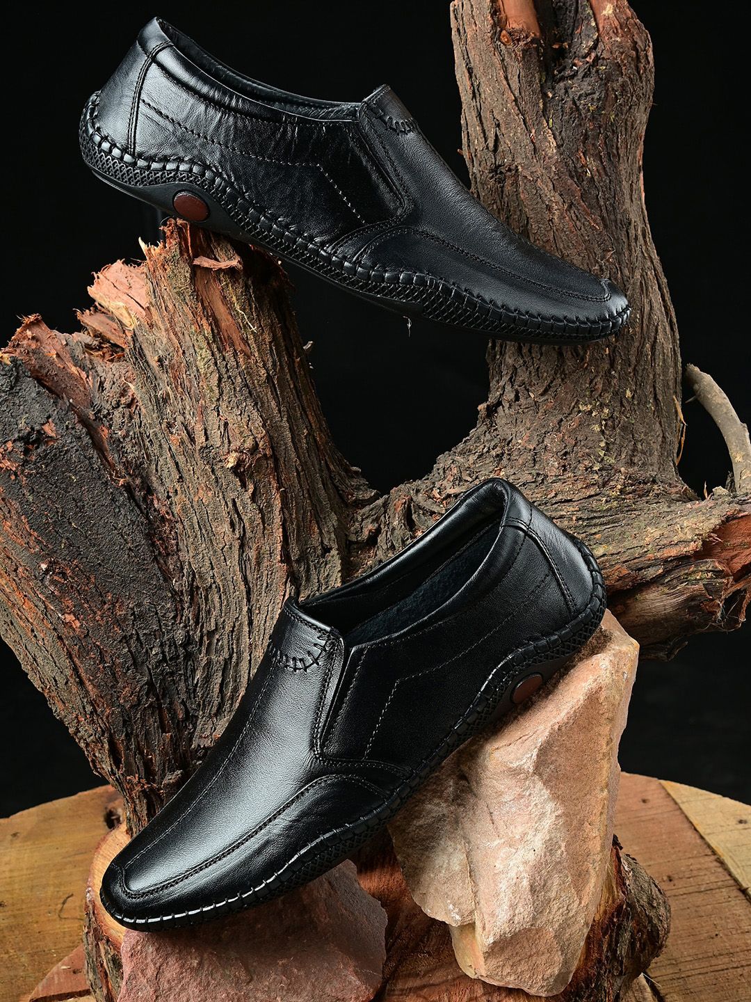 Mactree Men Black Solid Leather Formal Slip-On Shoes