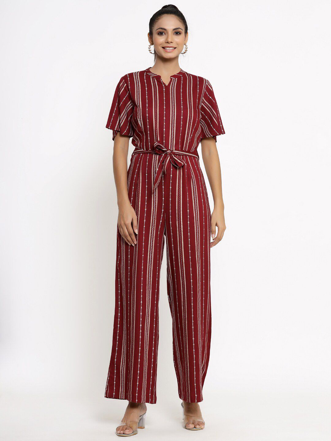 kipek Maroon & White Printed Basic Jumpsuit Price in India