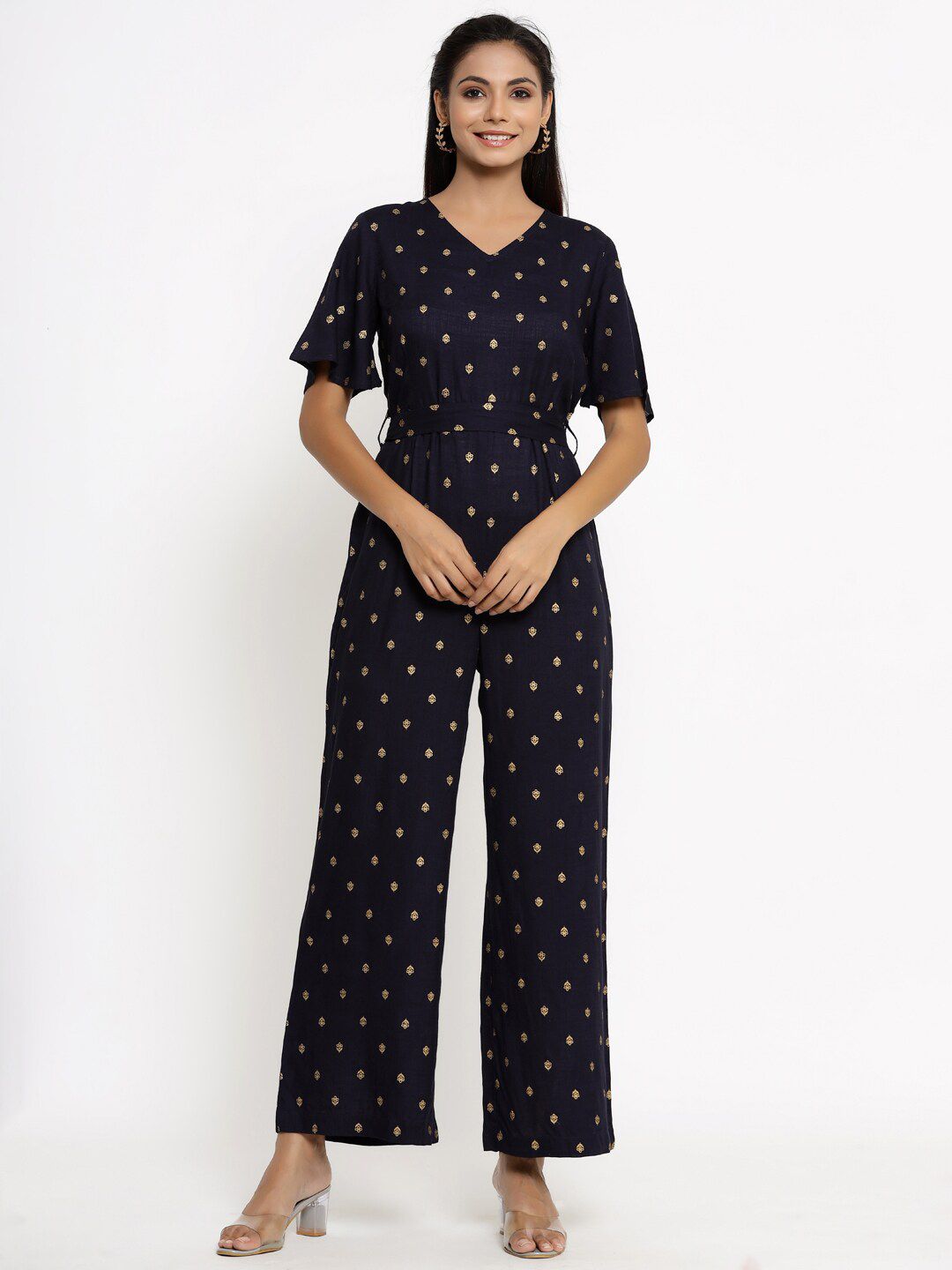 kipek Navy Blue & Gold-Toned Printed Basic Jumpsuit Price in India