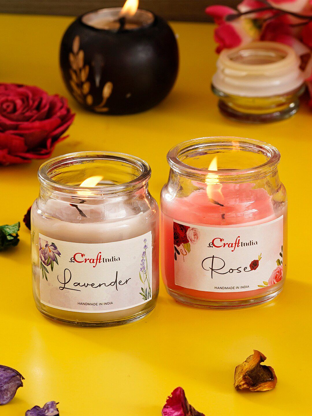 eCraftIndia Set of 2 Lavender & Rose Scented Jar Candles Price in India