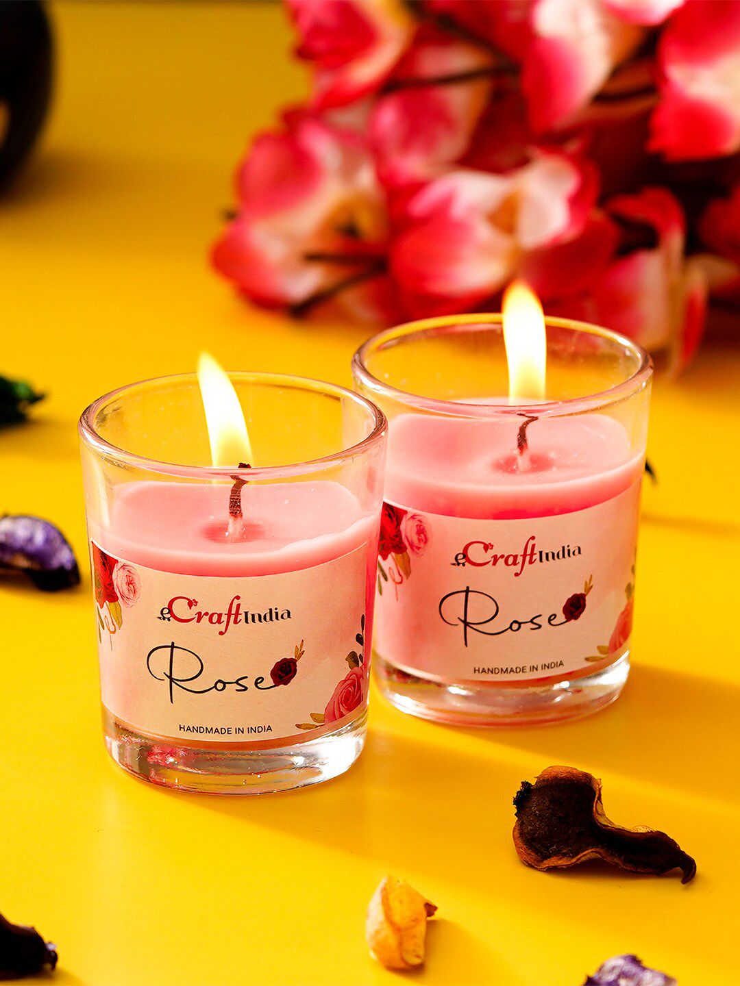 eCraftIndia Set Of 2 Pink Rose Scented Glass Candles Price in India