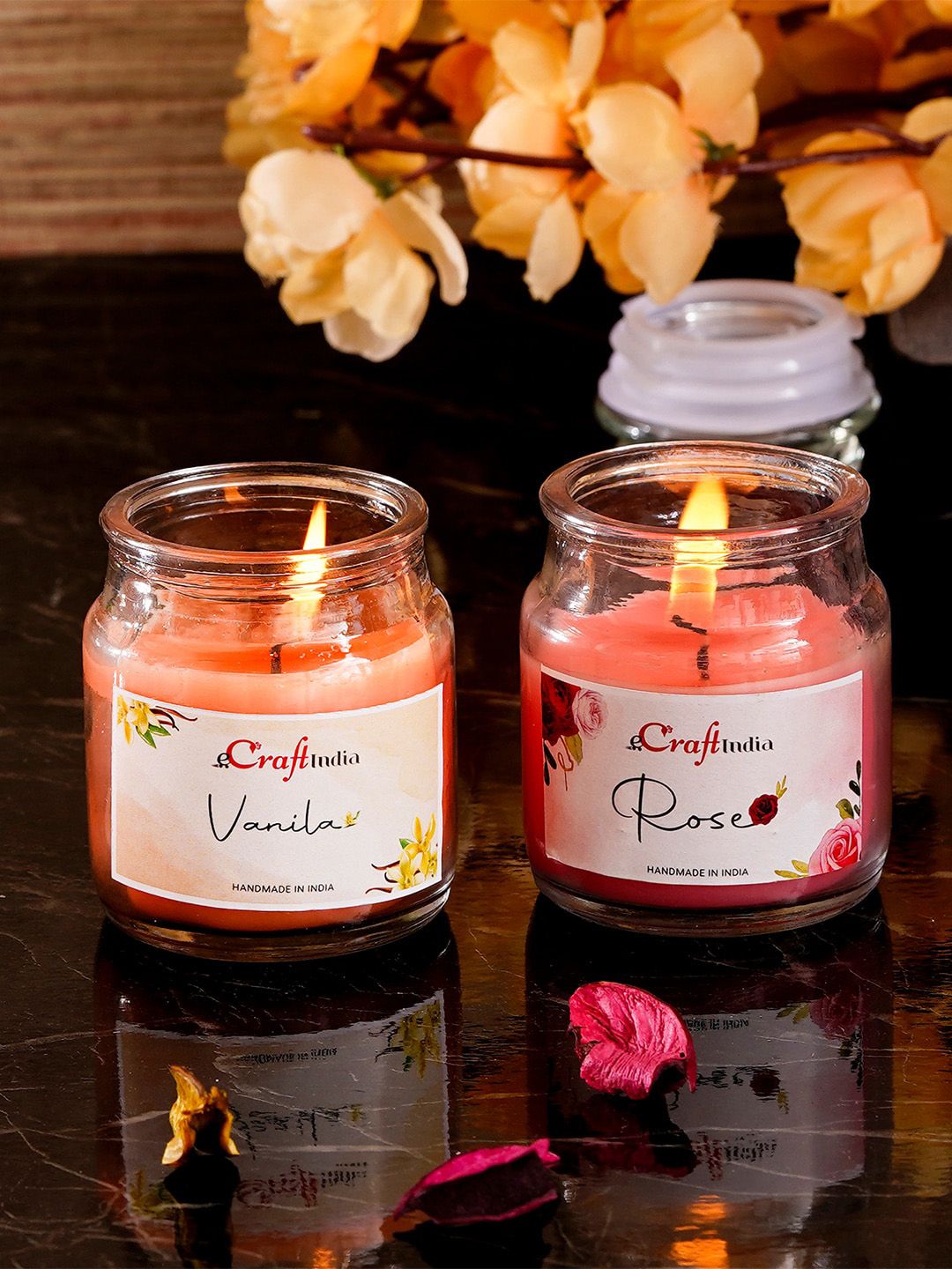 eCraftIndia Set Of 2 Pink Rose and Vanilla Scented Jar Candle Price in India