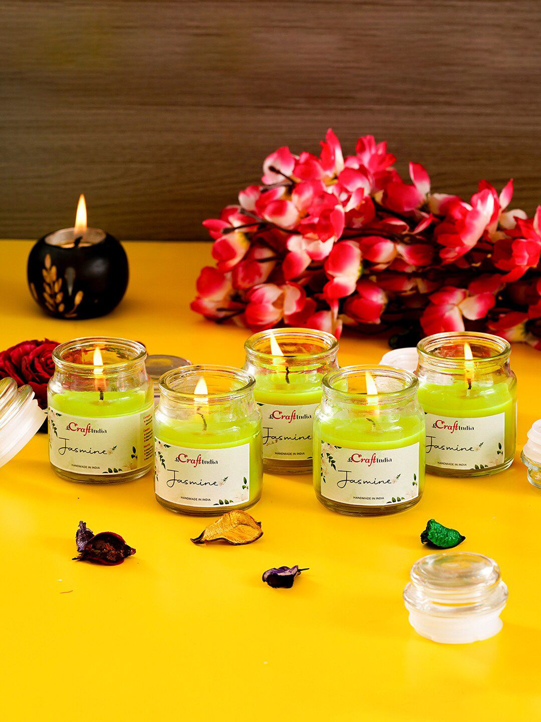 eCraftIndia Set Of 5 Green Jasmine Scented Jar Candles Price in India