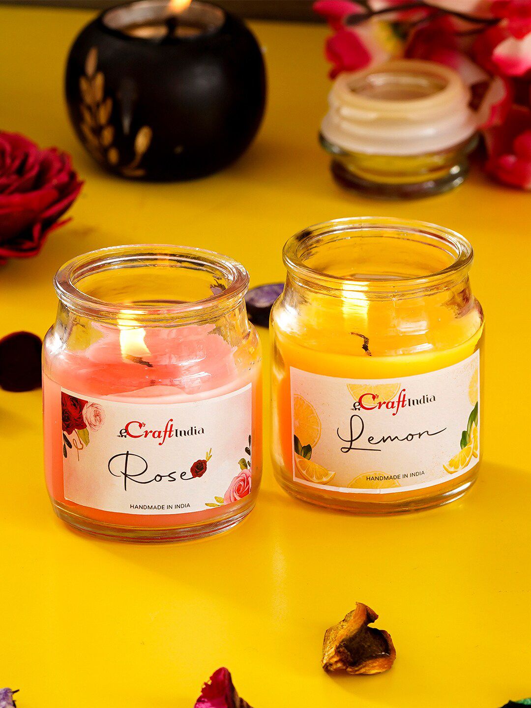 eCraftIndia Set of 2 Lemon & Rose Scented Jar Candles Price in India