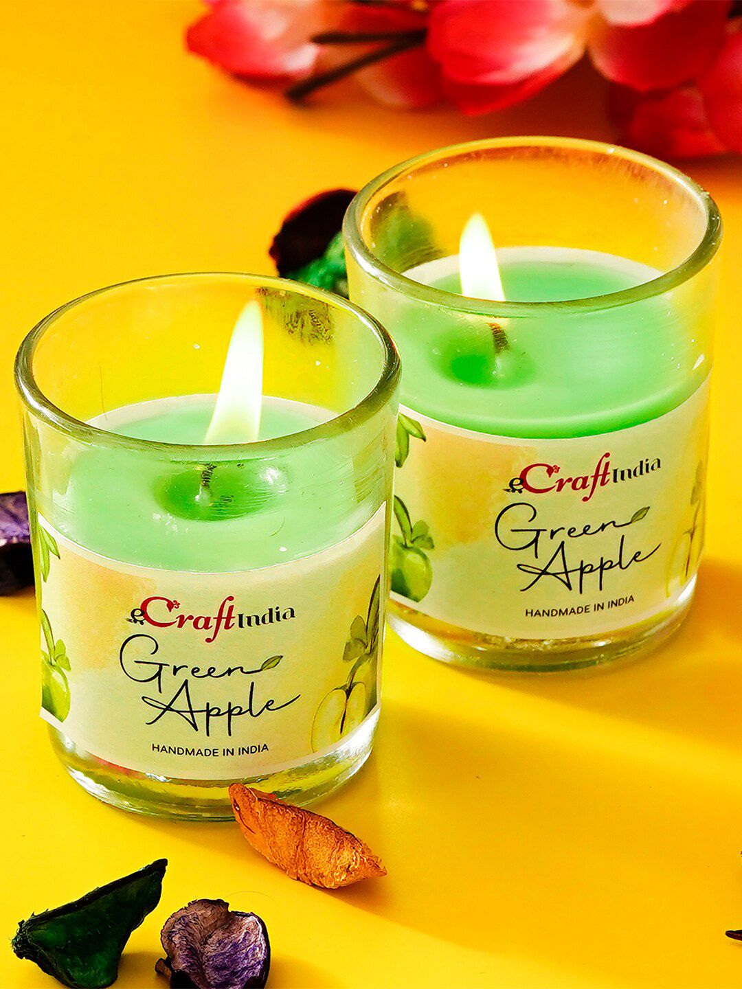eCraftIndia Set of 2 Green Green Apple Scented Glass Candles Price in India