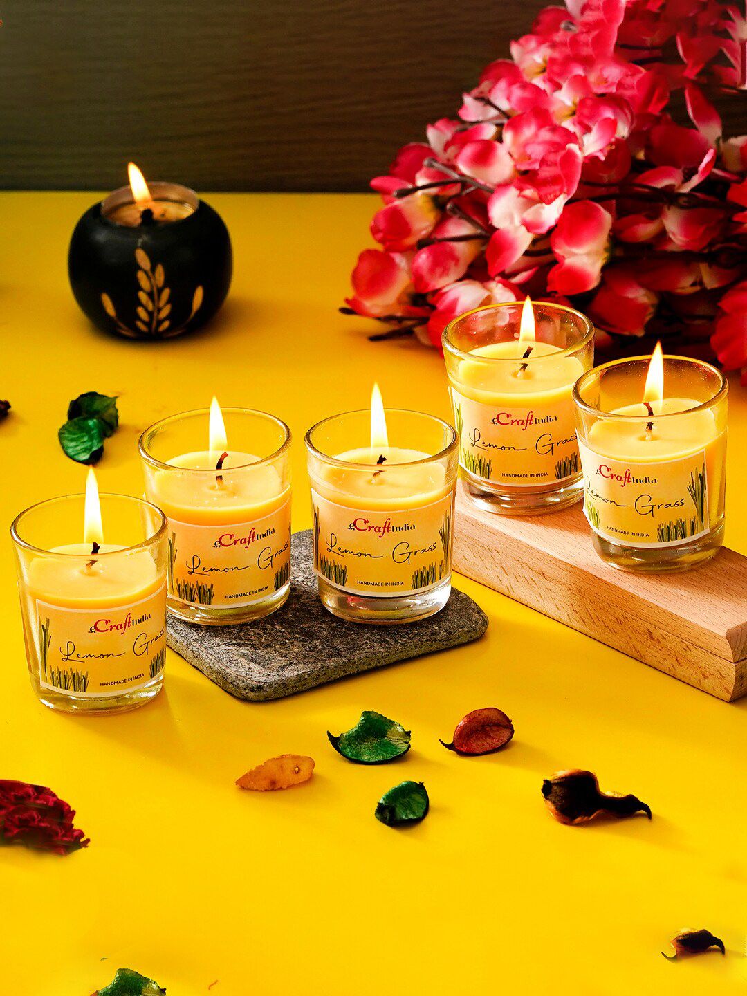 eCraftIndia Set of 5 Yellow Lemon Grass Scented Glass Candles Price in India