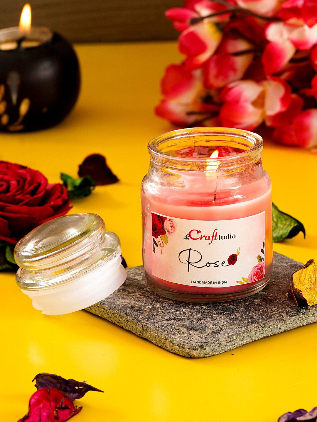 eCraftIndia Pink Rose Scented Jar Candle Price in India