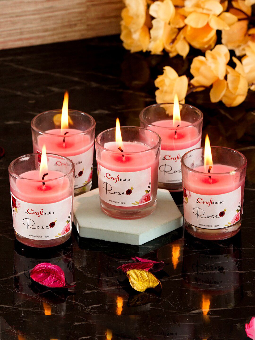 eCraftIndia Set of 5 Pink Rose Scented Glass Candle Price in India