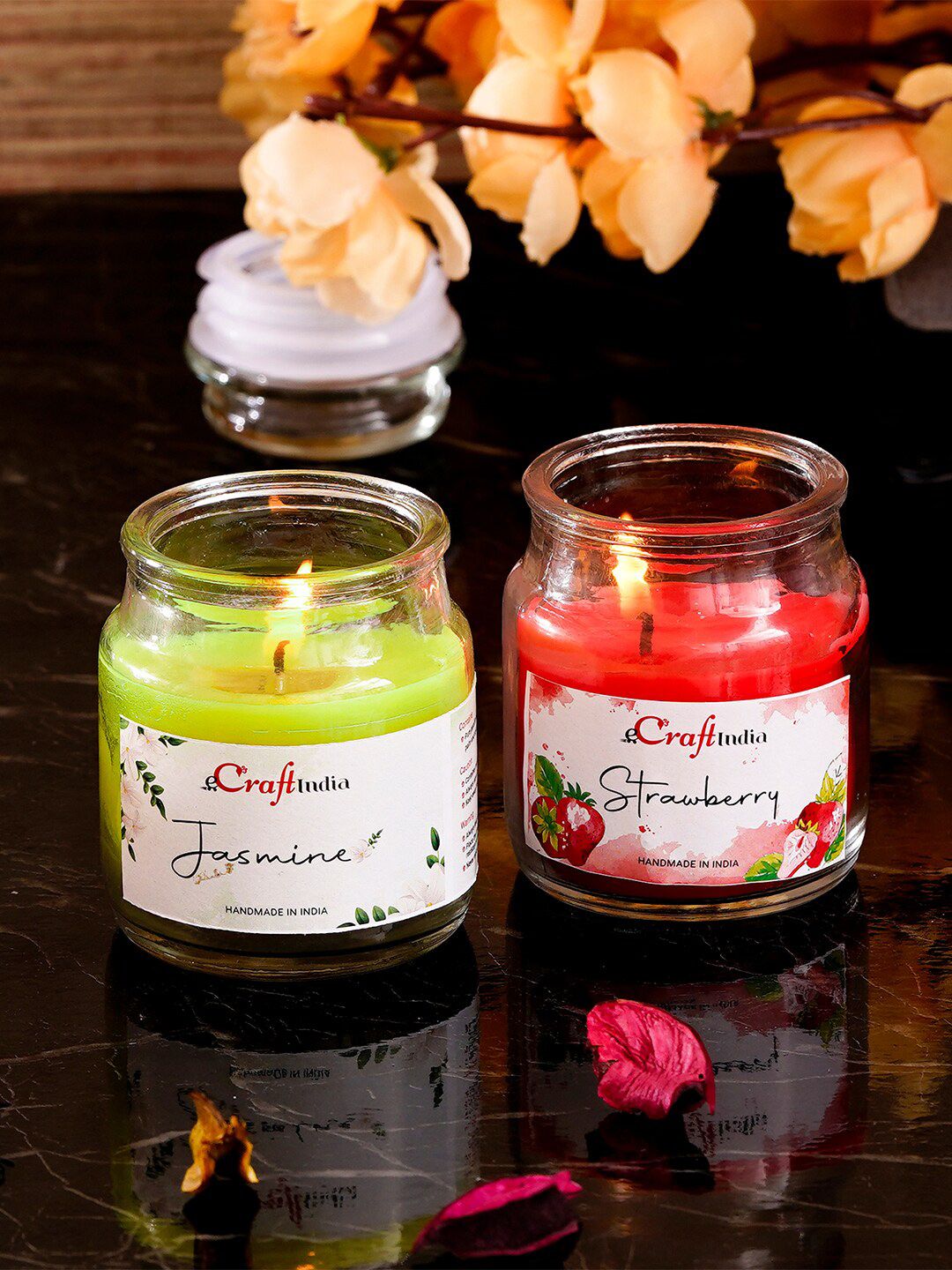 eCraftIndia Set Of 2 Strawberry & Jasmine Scented Jar Candle Price in India