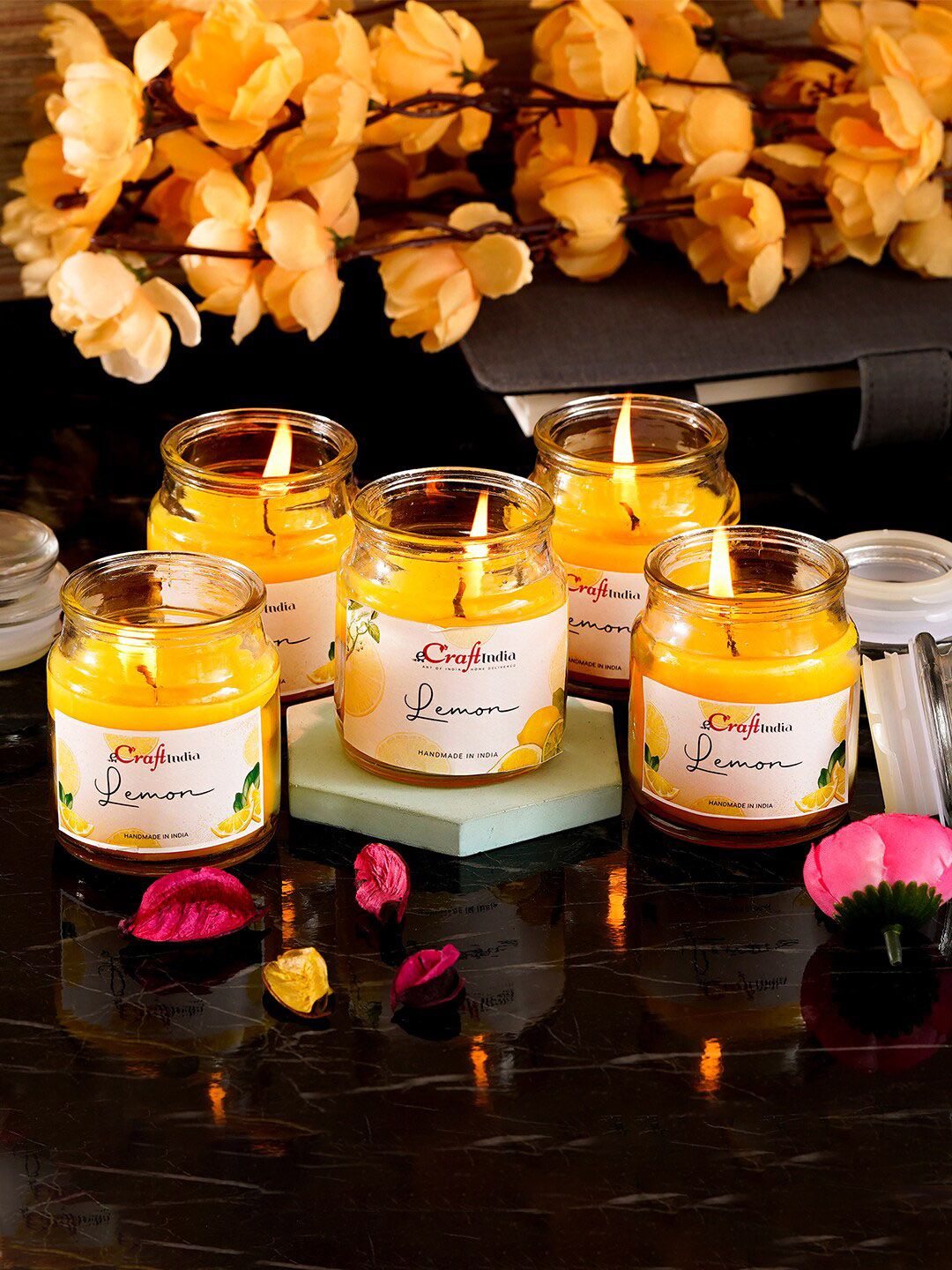 eCraftIndia Set Of 5 Lemon Scented Jar Candles Price in India