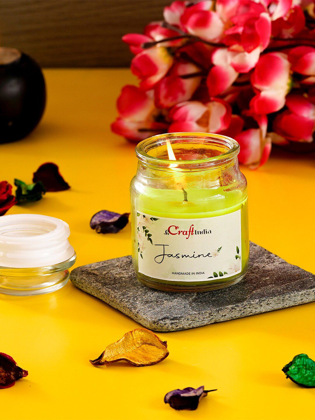 eCraftIndia Green & Transparent Solid Jasmine Scented Jar Candle Price in India