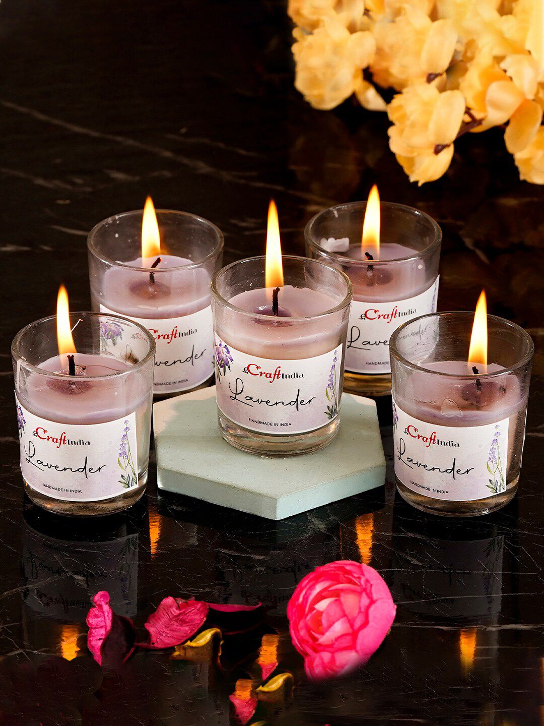 eCraftIndia Set Of 5 Lavender Scented Glass Jar Candles Price in India
