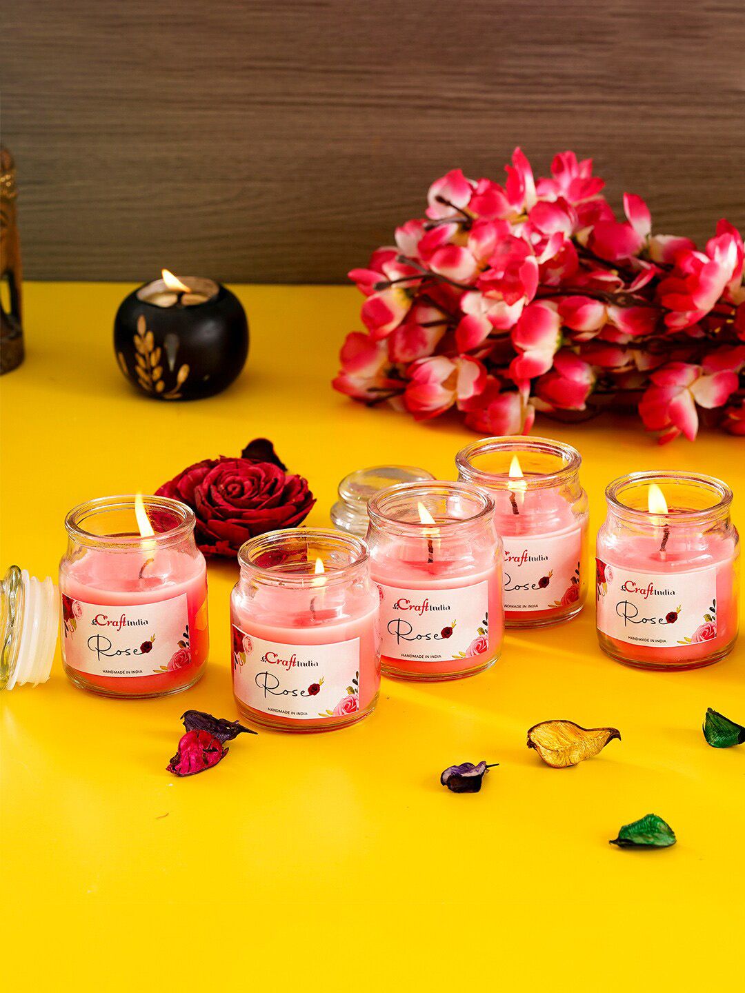 eCraftIndia Set Of 5 Pink Rose Scented Jar Candle Price in India