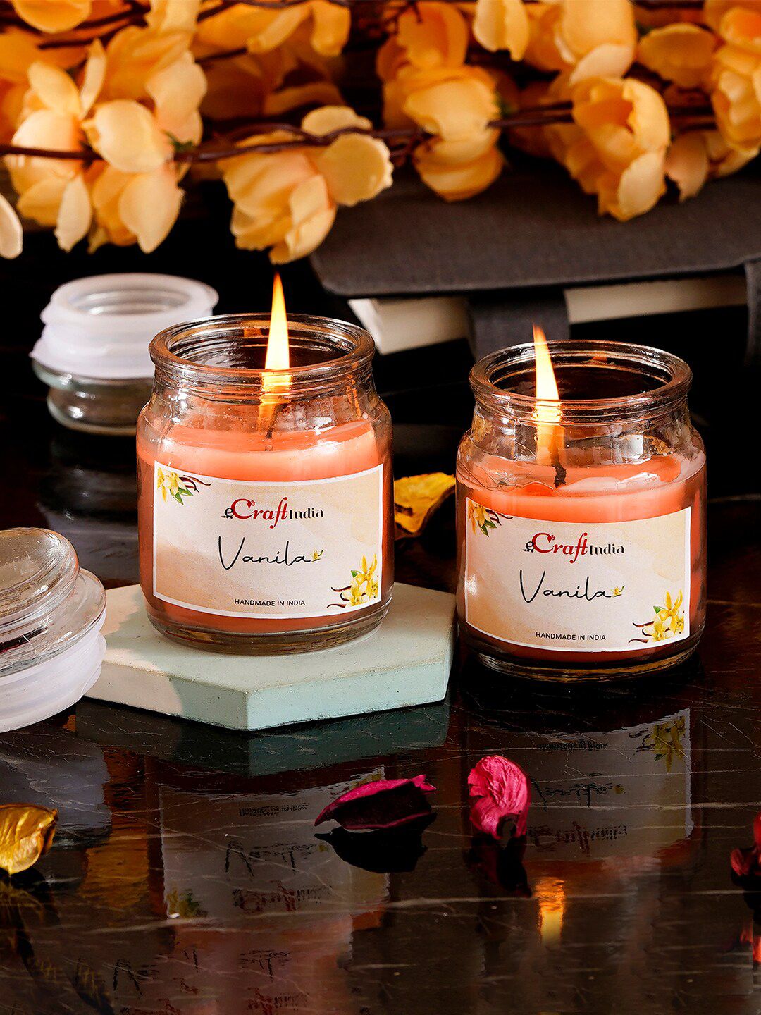 eCraftIndia Set Of 2 Peach Vanilla Scented Jar Candles Price in India