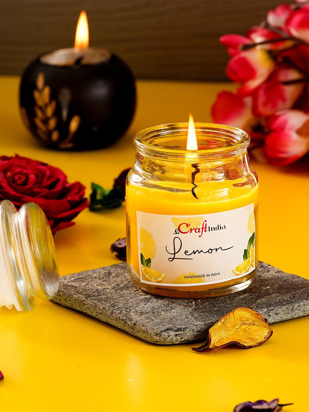 eCraftIndia Yellow Lemon Scented Jar Candle Price in India