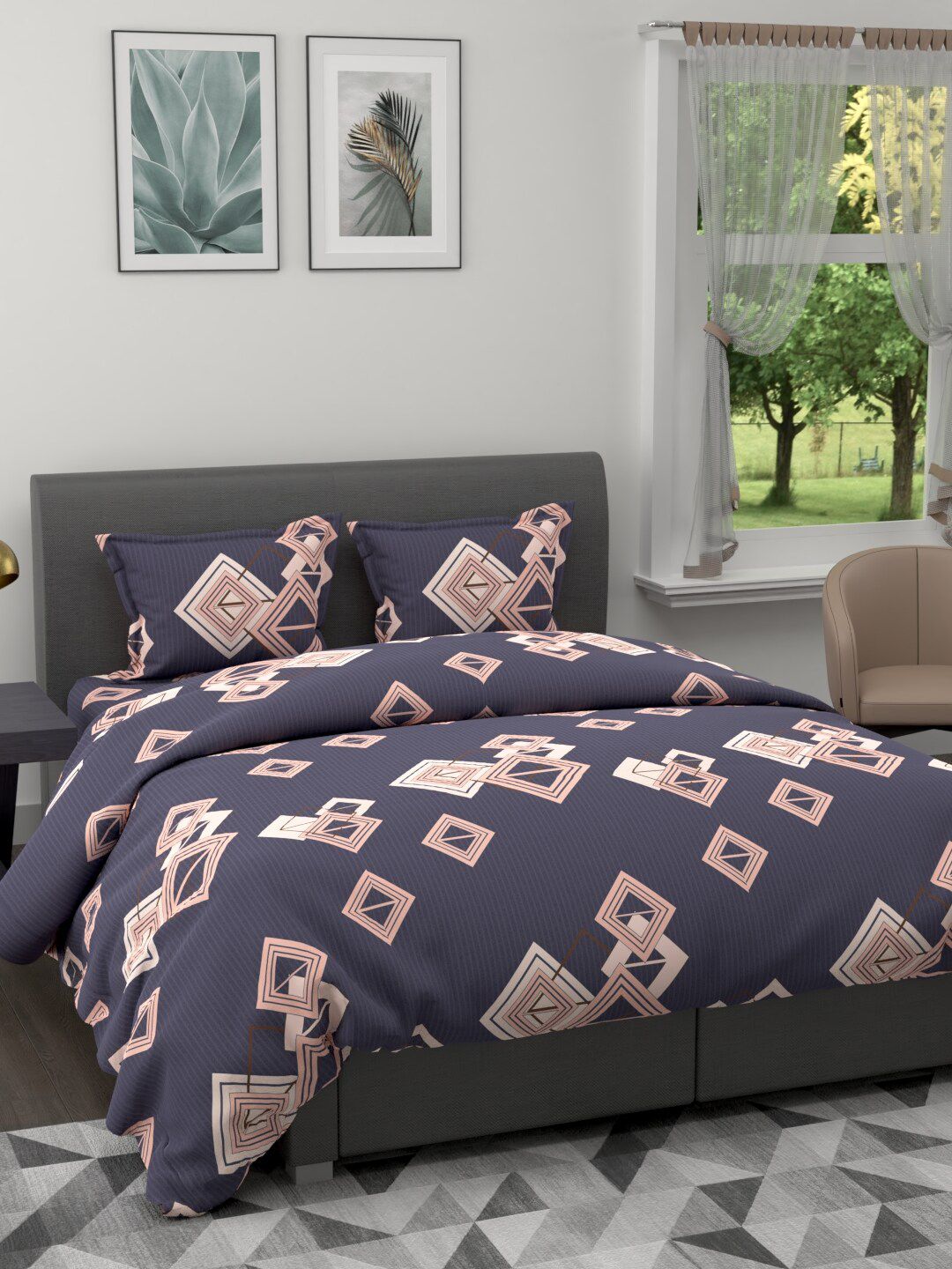 BIANCA Grey & Peach-Coloured Geometric Printed Cotton 150 GSM Double King Bedding Set Price in India