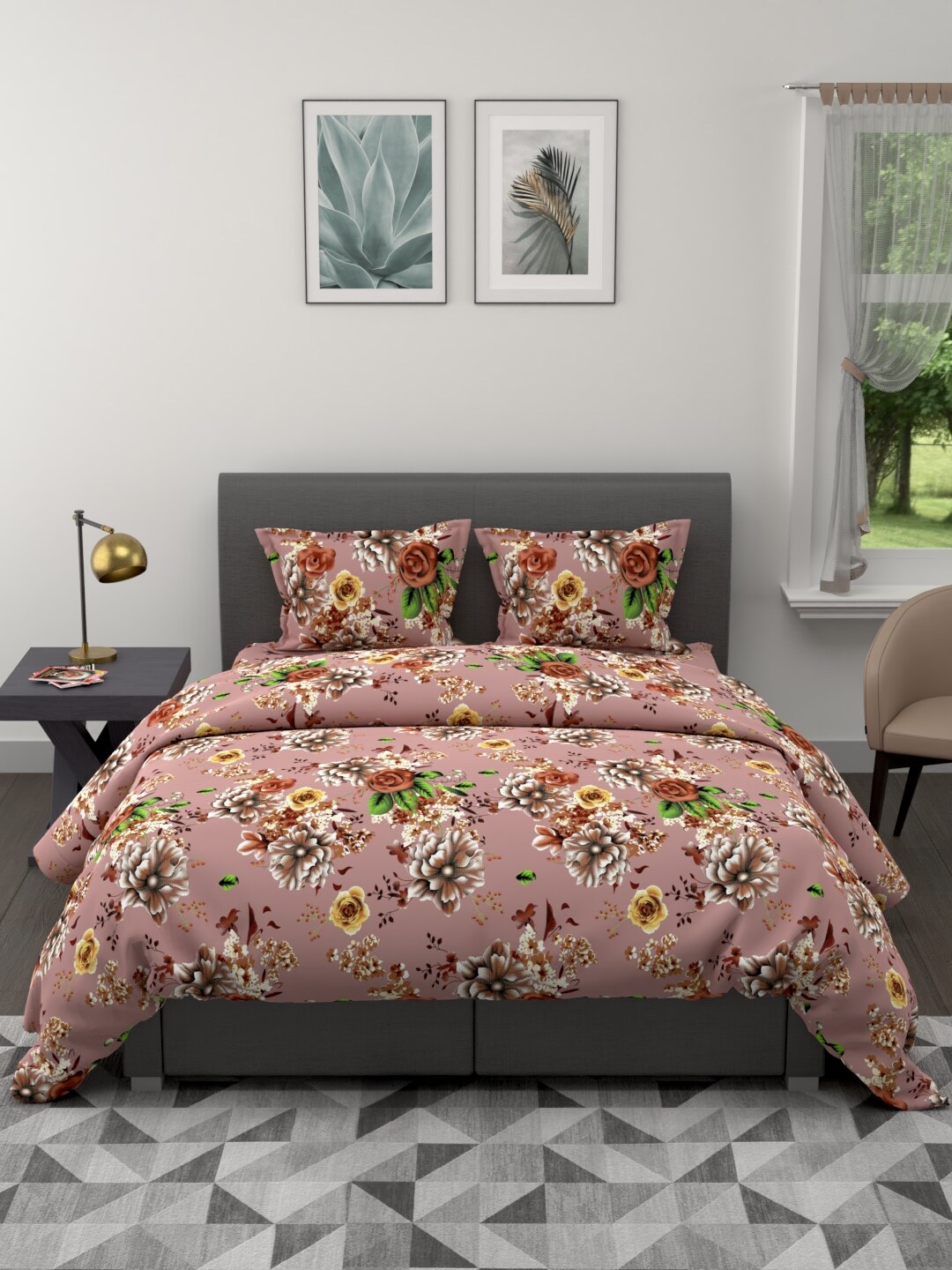 BIANCA Set Of 4 Brown & Red Floral Printed Cotton 150 GSM Double King Bedding Set Price in India