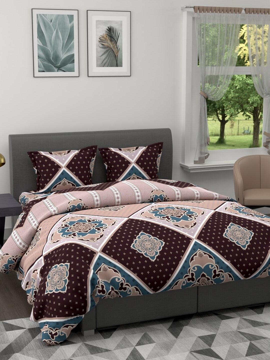 BIANCA Brown & Beige Ethnic Motifs Printed Cotton 150 GSM Double King Bedding Set Price in India