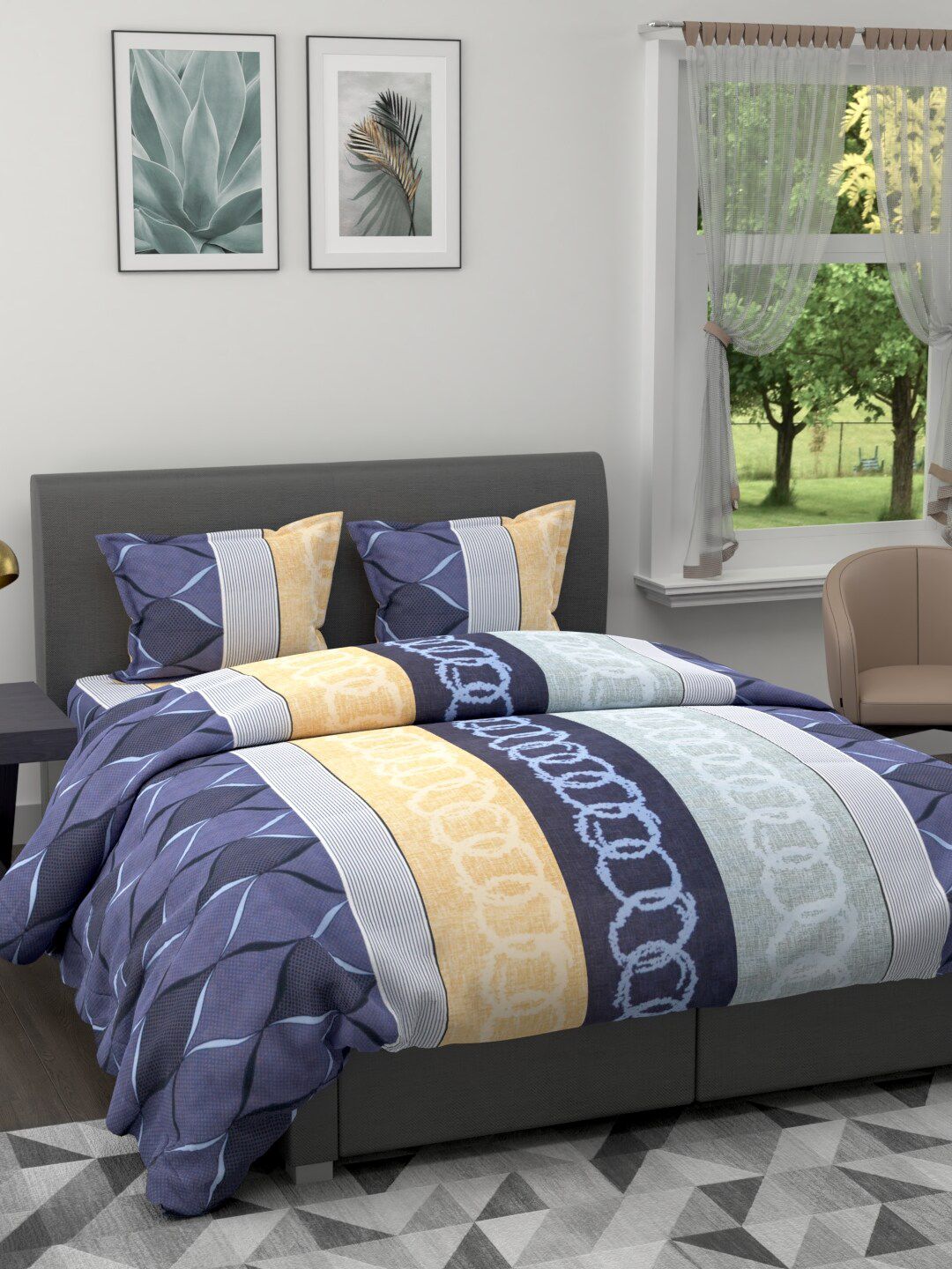 BIANCA Set Of 4 Blue & Beige Geometric Printed Cotton 150 GSM Double King Bedding Set Price in India
