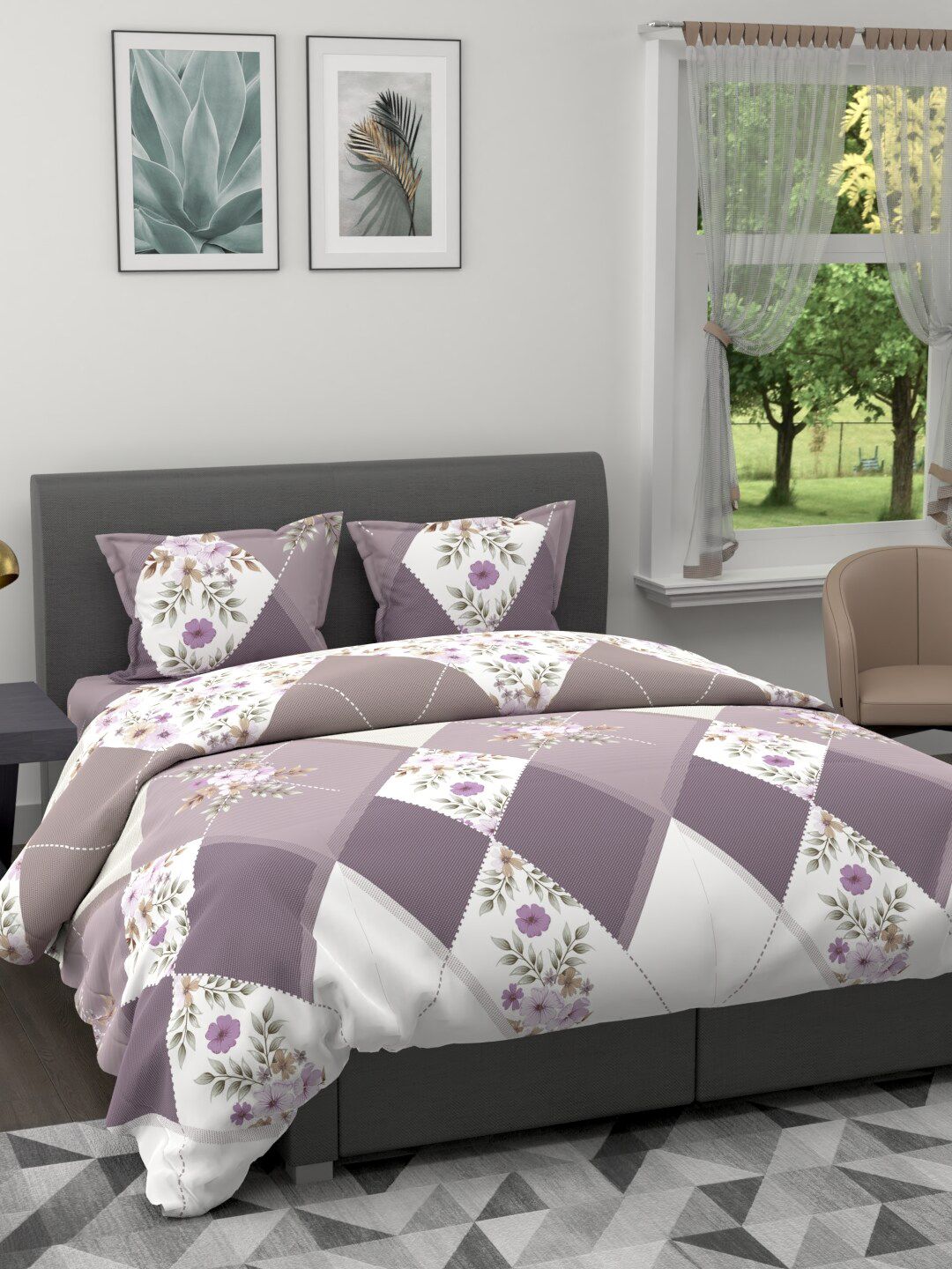 BIANCA Mauve & White Geometric Printed Cotton 150 GSM Double King Bedding Set Price in India