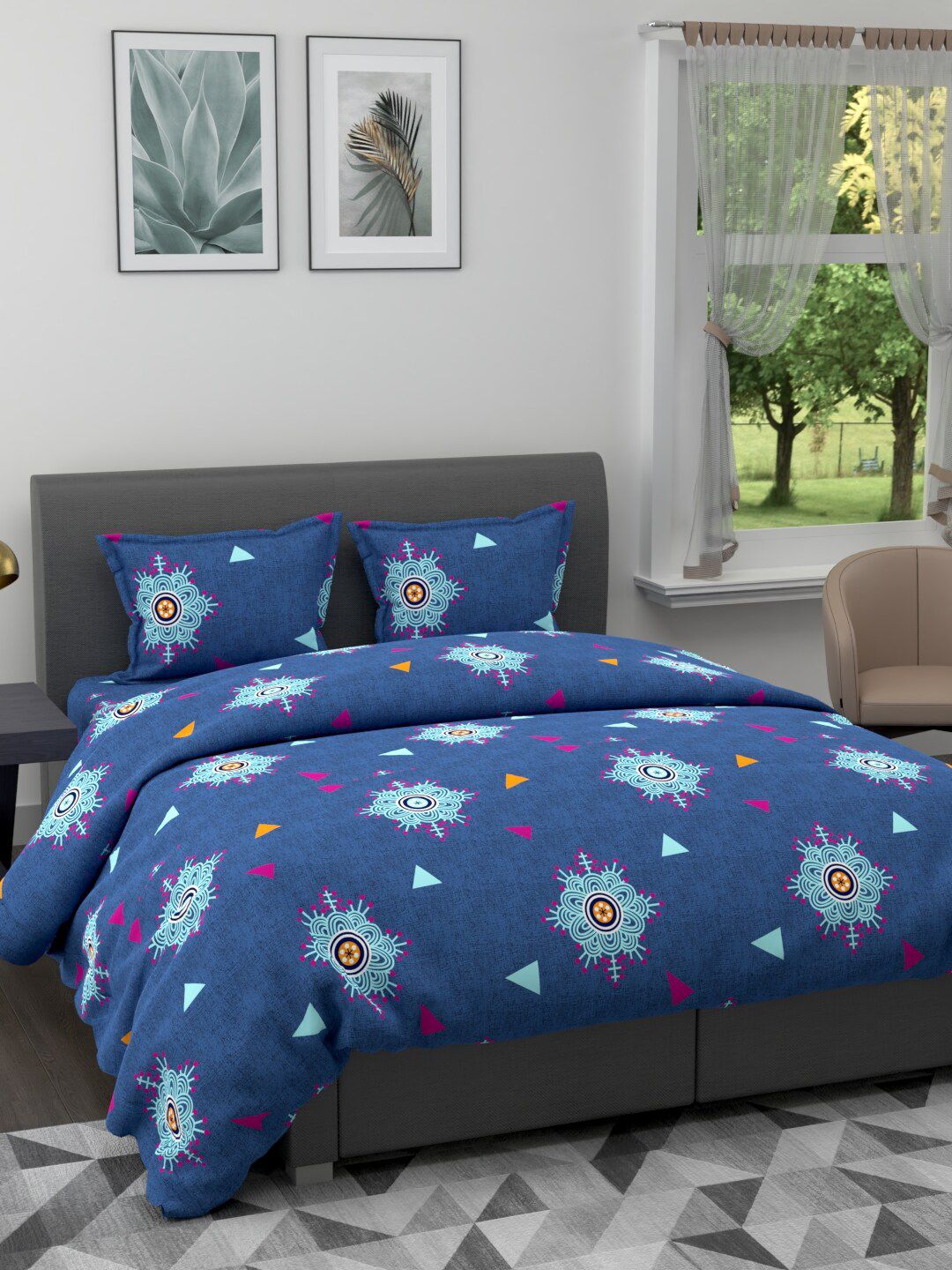 BIANCA Set Of 4 Navy Blue Ethnic Motifs Printed Cotton 150 GSM Double King Bedding Set Price in India