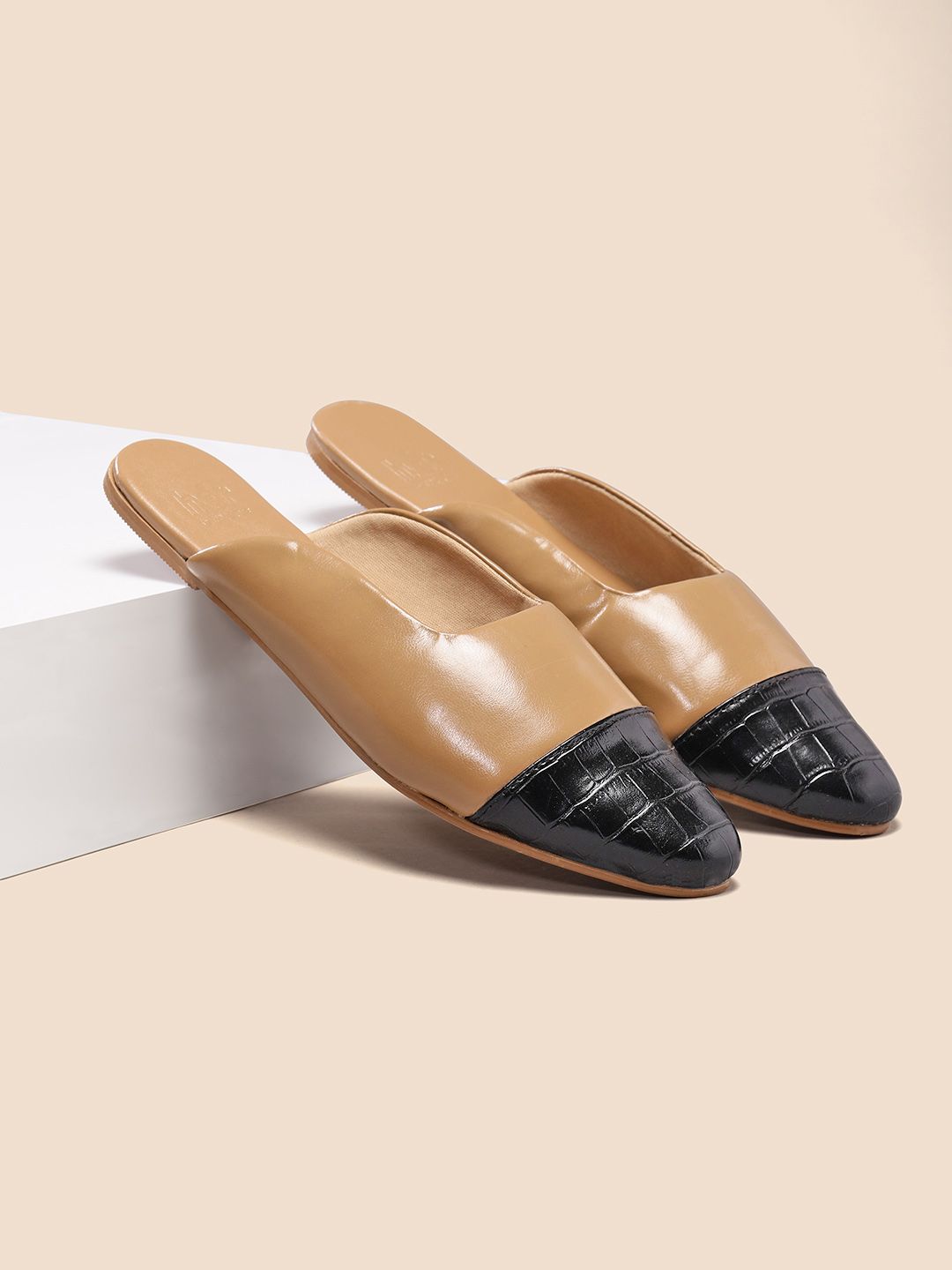 her by invictus Women Beige & Black Colourblocked Mules Price in India