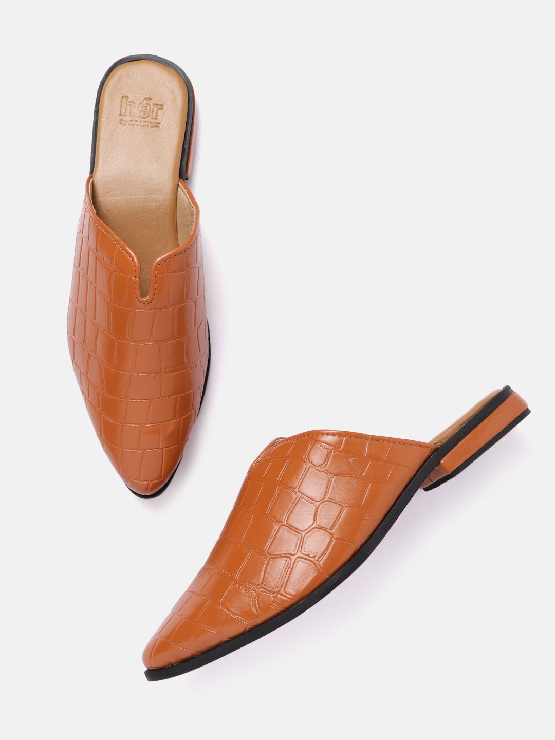 her by invictus Women Tan Brown Croc Textured Mules Price in India
