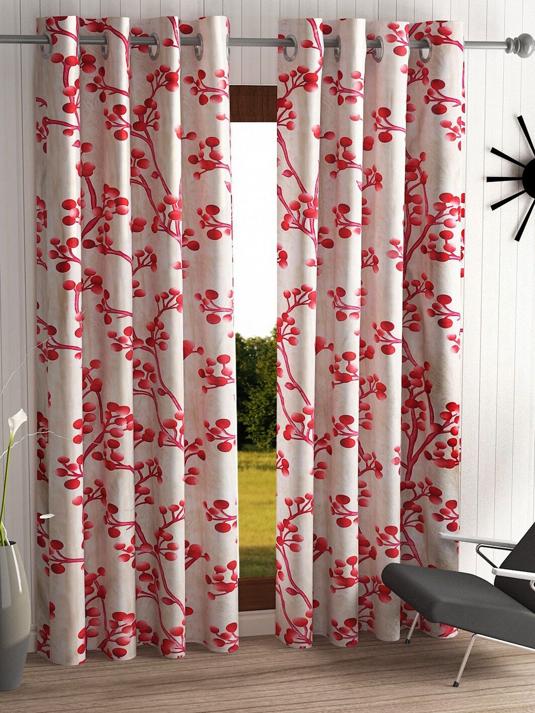 Home Sizzler Beige & Red Set of 2 Floral Long Door Curtains Price in India