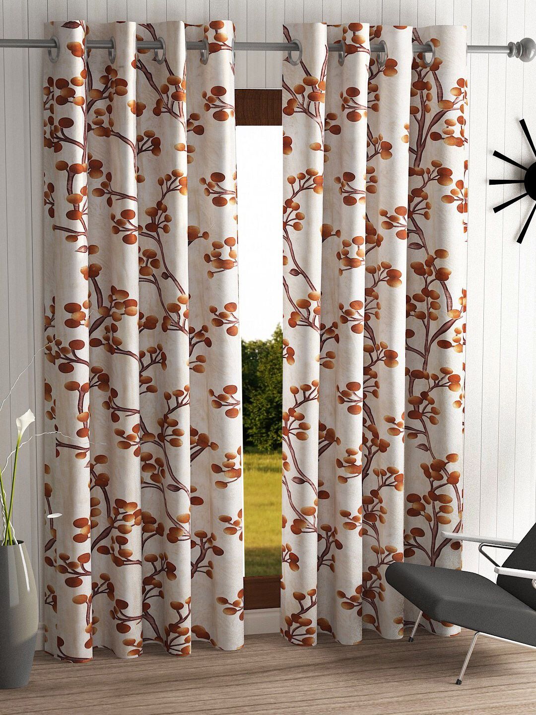 Home Sizzler Cream-Coloured & Brown Floral Printed Set of 2 Door Curtain Price in India