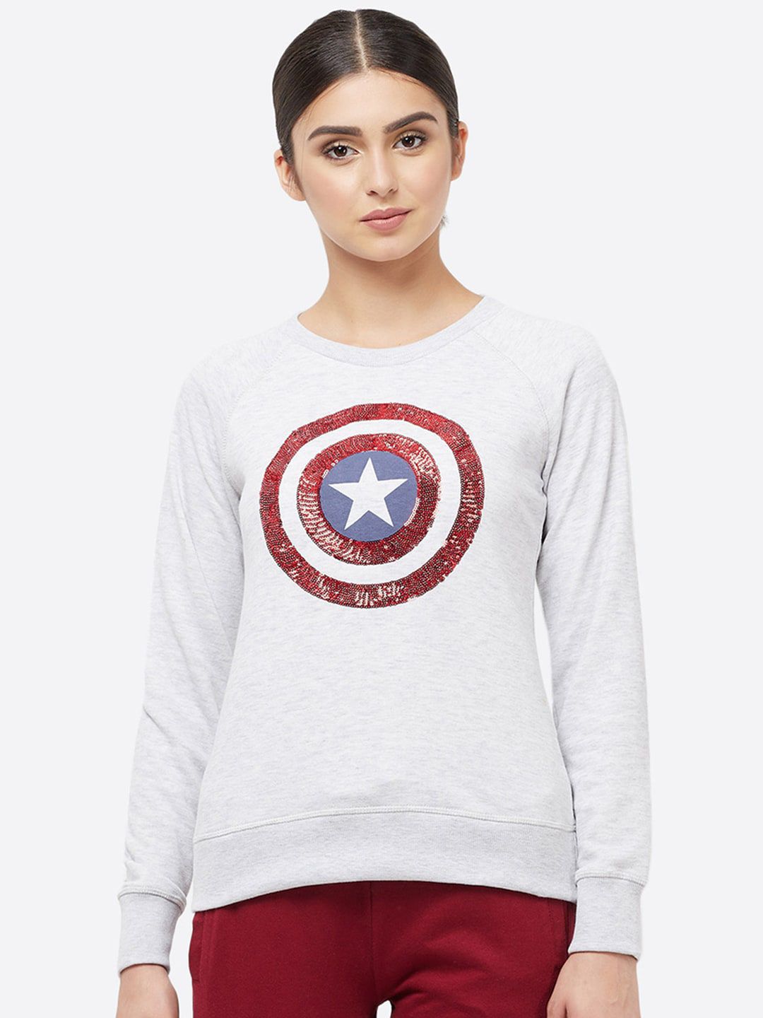Free Authority Women Grey Captain America Printed Sweatshirt Price in India