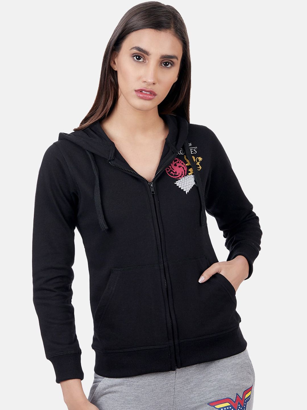 Free Authority Women Black Game Of Thrones Printed Hooded Sweatshirt Price in India