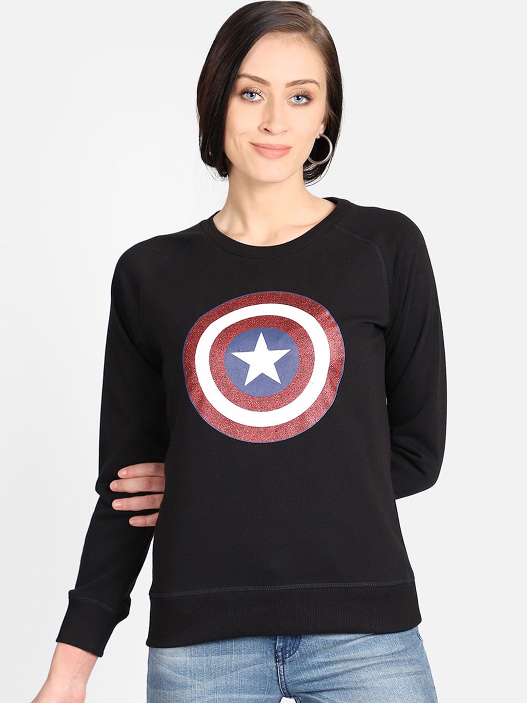 Free Authority Women Black Captain America Printed Cotton Sweatshirt Price in India