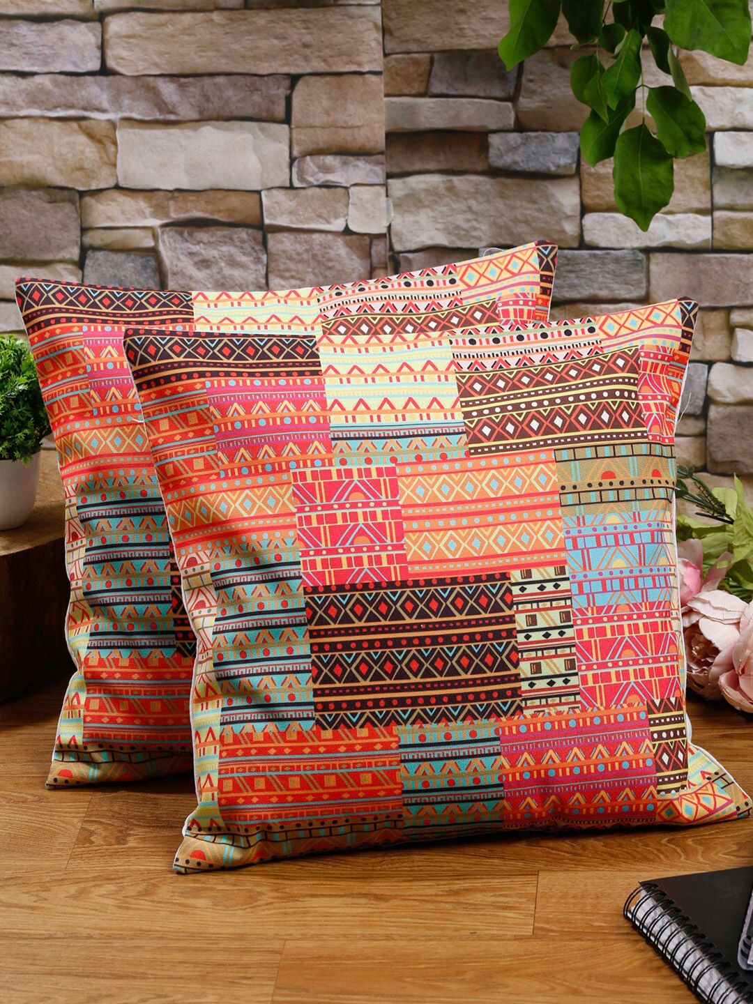 Alina decor Pink & Brown Set of 2 Geometric Square Cushion Covers Price in India